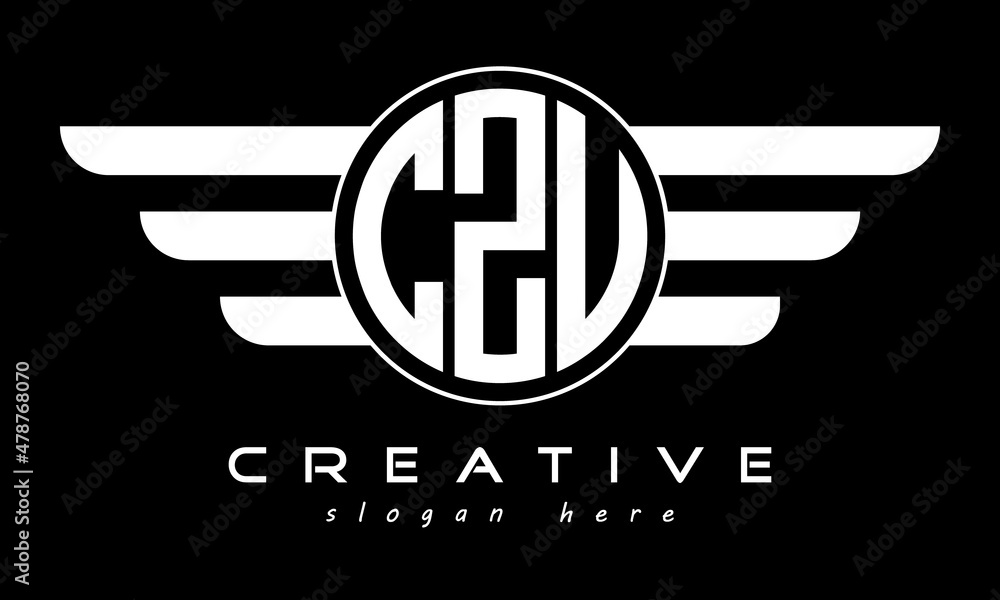CZU three letter monogram type circle letter logo with wings vector template. - obrazy, fototapety, plakaty 