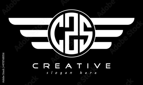 CZS three letter monogram type circle letter logo with wings vector template. photo