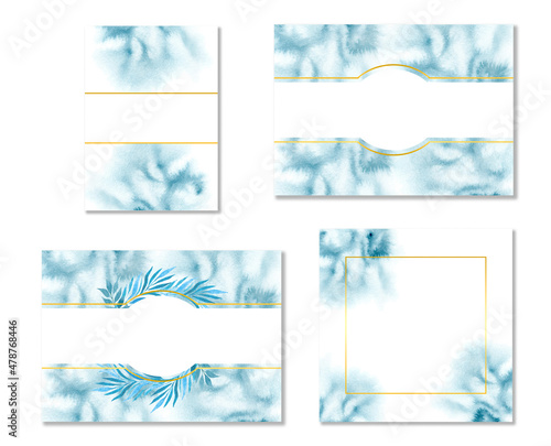 Watercolor set postcard. Banner with blue watercolor stains and gold frame. Blank invitation card template with watercolor stains, splashes, leaves.