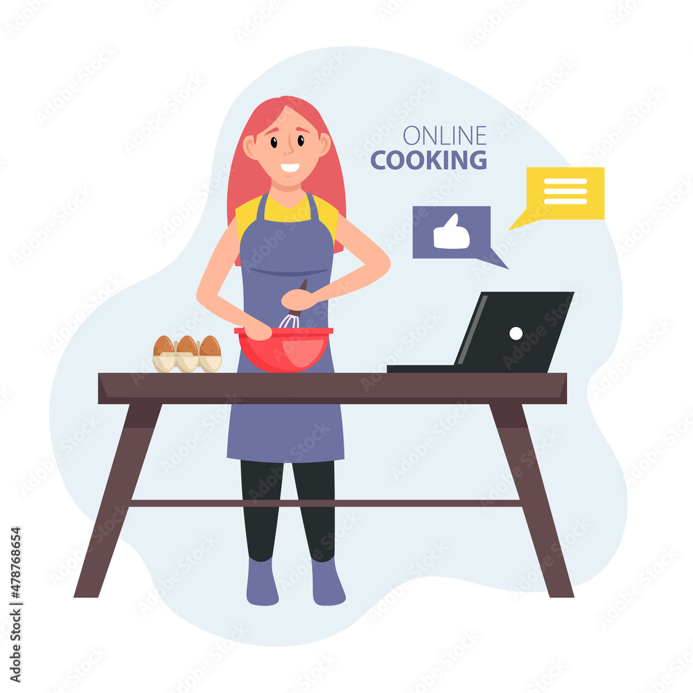 Online cooking. Video tutorial, training and courses. Food blogger. Vector illustration. Online cooking. Video tutorial, training and courses. Food blogger. Vector illustration.