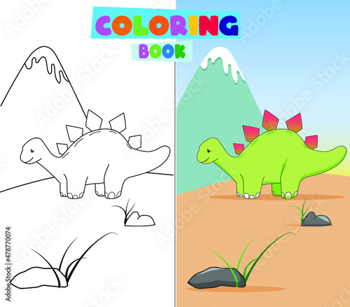 Dinosaur stegosaurus for kids coloring with lines and colors blue sky gradient and volcano