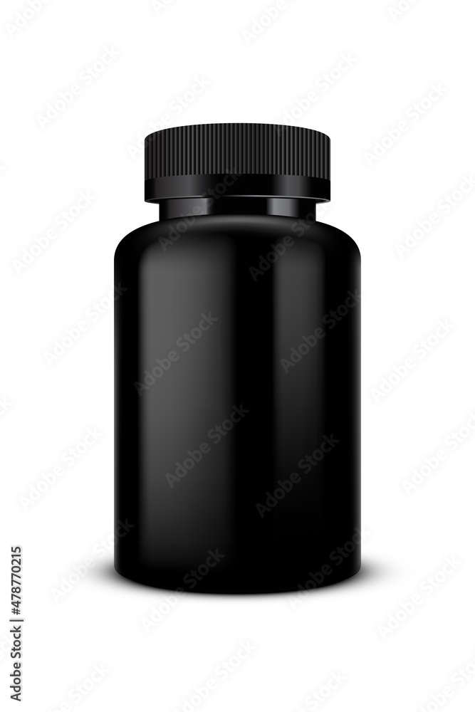Vector illustration of a black plastic bottle of a pills, package template on a plain background Vector illustration of a black plastic bottle of a pills, package template on a plain background