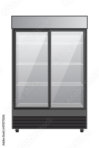 Industrial refrigerator with empty shelves on a plain background, vector illustration of a market fridge