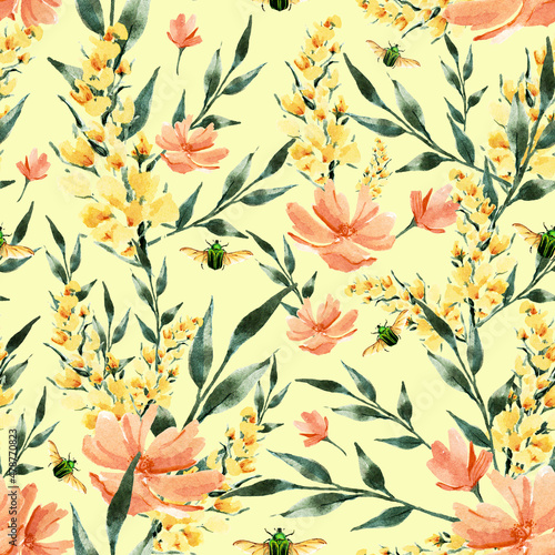 watercolor illustration seamless pattern ,botanical print of yellow tall flowers,small pink,grass,beetle,for wallpaper or fabric
