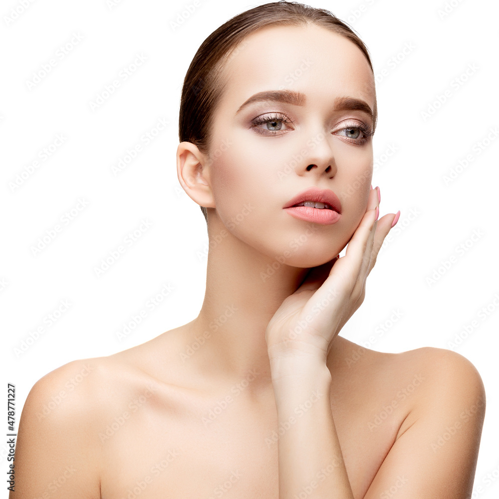 Beautiful Young Woman with Clean Fresh Skin isolated on white background Beautiful Young Woman with Clean Fresh Skin isolated on white background