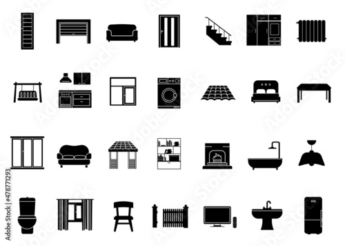 House modern interior indoor and outdoor furniture linear icons set 