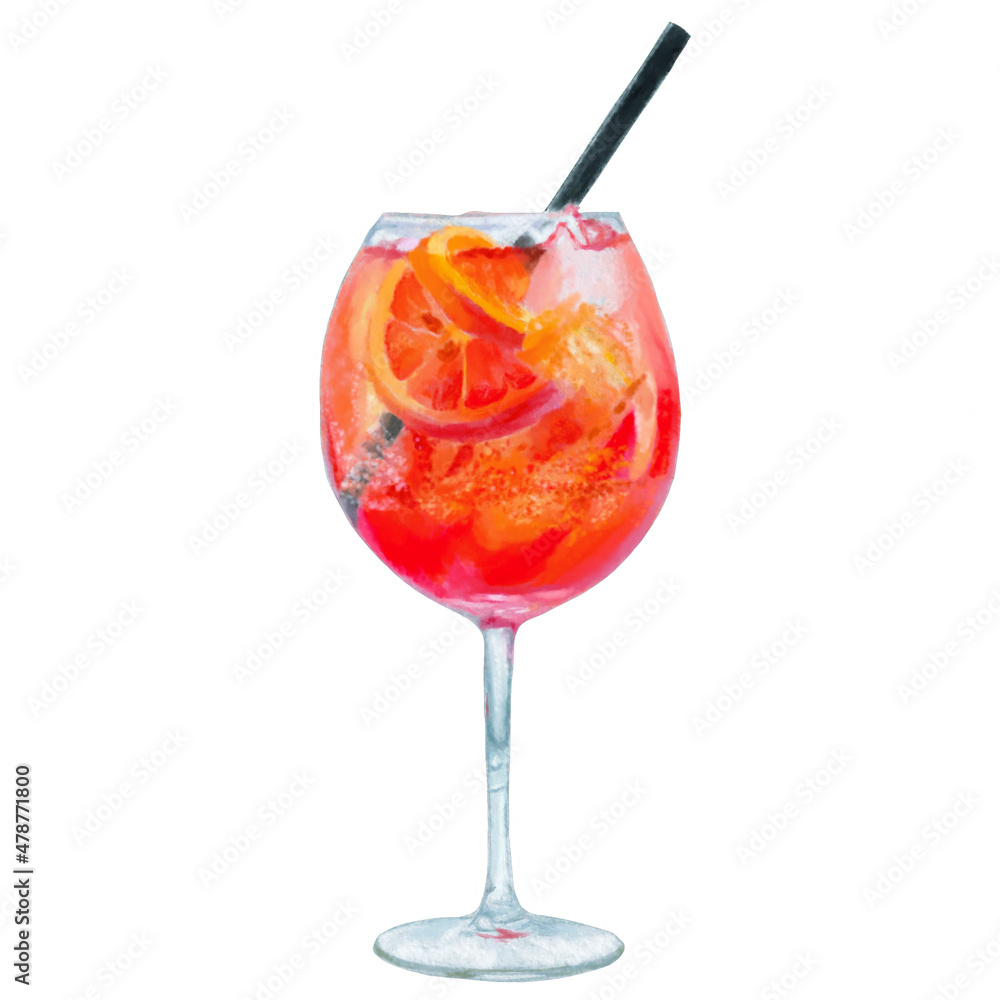 Aperol spritz, summer cocktail with an ice cube and red orange. Digital-drawn watercolor illustration. Aperol spritz, summer cocktail with an ice cube and red orange. Digital-drawn watercolor illustration.