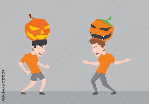 An illustration of two man wearing Halloween pumpkin costume