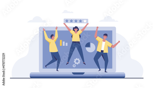 Happy group of business people jumping on laptop background.