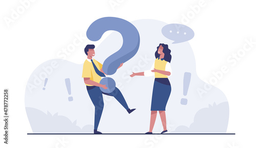 Businessman standing holds question mark illustration