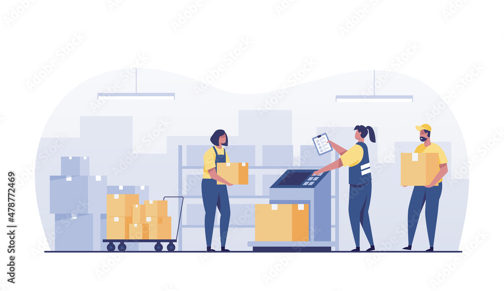 warehouse with boxes and employees managing goods. Weigh the box, worker Check inventories. Inventory stock and warehouse shelves for product storage. warehouse with boxes and employees managing goods. Weigh the box, worker Check inventories. Inventory stock and warehouse shelves for product storage.