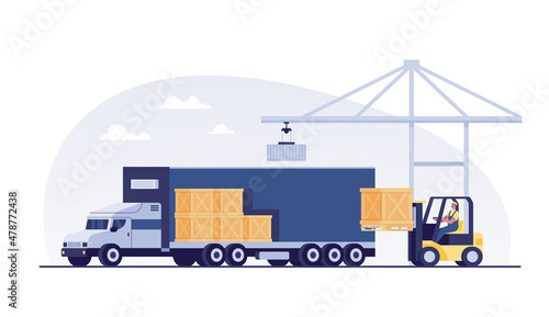 Forklift loading pallet boxes into truck. vector illustration