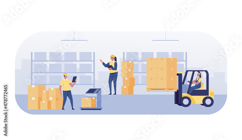 warehouse with boxes and employees managing goods. Inventory stock and warehouse shelves for product storage.