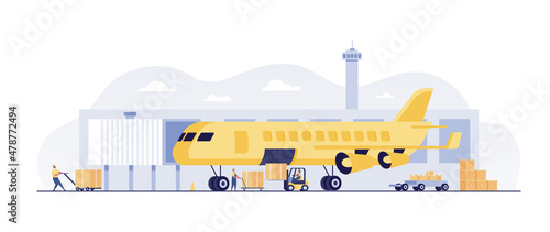Air delivery service, Global logistic, transportation. Air freight logistics. airplane, truck, warehouse and parcel boxes.