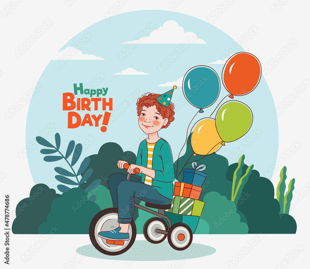 Cute boy rides on bicycle in the park.  Happy Birthday vector illustration