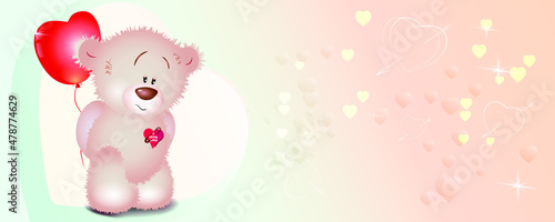 Pink teddy bear with a balloon. Festive banner