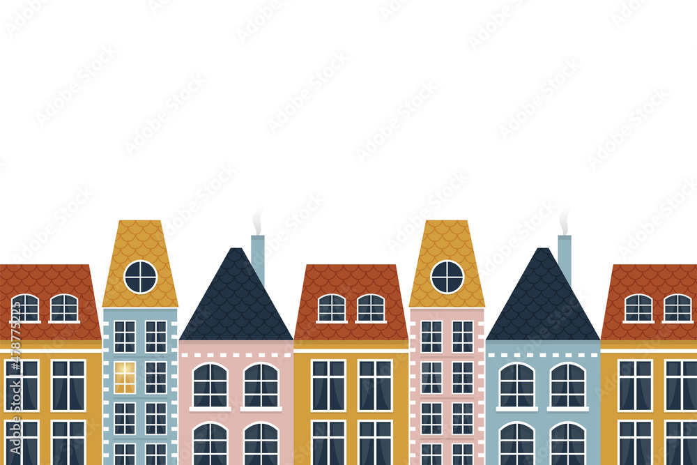 Scandi colorful houses. Scandinavian style city background