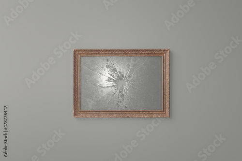 3d rendering of vintage picture frame with broken glass plate in front of grey background