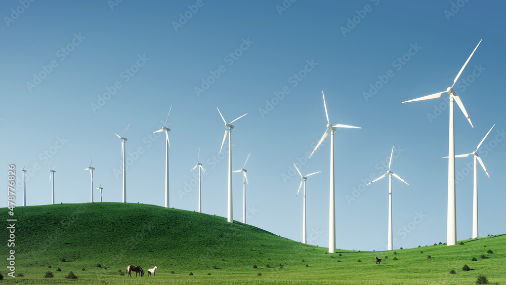 Fototapeta premium wind turbine power clean energy on meadow landscape 3d illustration