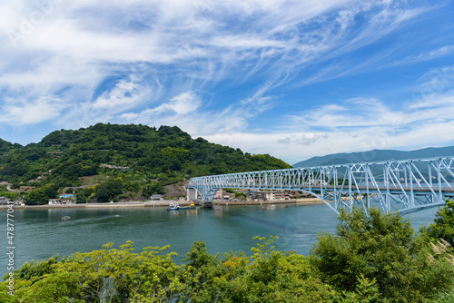 Coast Scenery of Seto Inland Sea, Tobishima Road, Kamagari Bridge and Shimokamagari Island seen from Kamikamagari Island