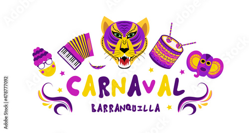 Barranquilla Carnival Poster banner. Carnival party masquerade template for your design. Vector illustration