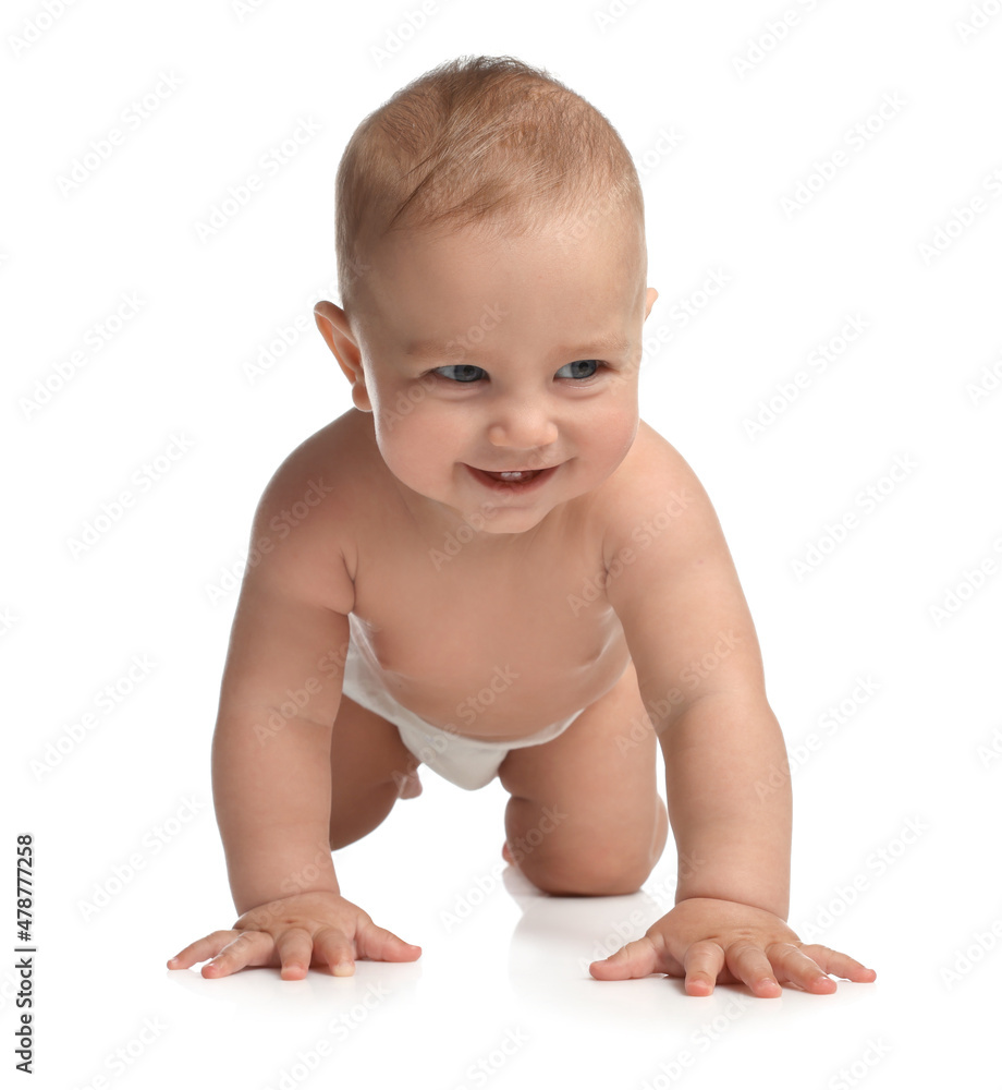 Cute little baby in diaper crawling on white background Cute little baby in diaper crawling on white background