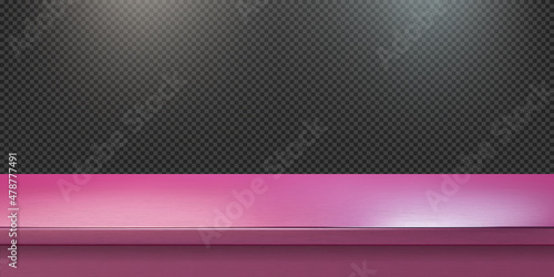 Pink steel countertop, empty shelf. Vector realistic mockup of table top, kitchen counter on transparent background with spot light. Bar desk surface in foreground