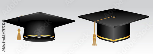 Set of realistic university graduation cap or diploma graduation black cap or graduate cap at college ceremony and achievement academic degree. eps vector