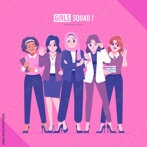 office girl squad cartoon character vector illustration