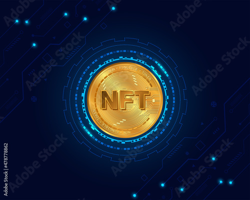 NFT nonfungible token gold coin.Blue technology background.Digital currency concept.