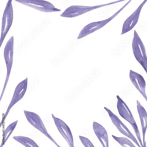 Watercolor hand painted nature squared border frame with purple leaves on branch composition on the white background for invite and greeting card design with space for text