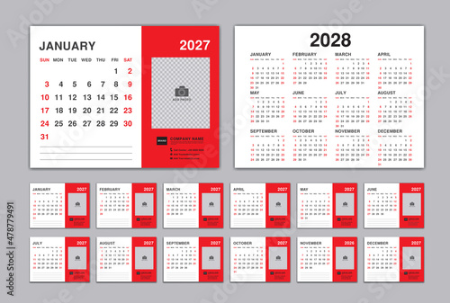 Calendar 2027 template, Desk Calendar planner 2027 and Set of 12 Months and calendar 2028 design, Wall calendar 2027 vector, Corporate design planner template, organization, printing, red background