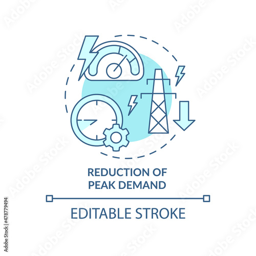 Reduction of peak demand turquoise concept icon. Smart grid work control abstract idea thin line illustration. Isolated outline drawing. Editable stroke. Roboto-Medium, Myriad Pro-Bold fonts used