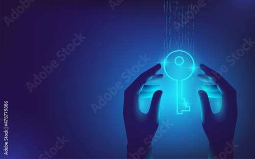 Hands in neon light hold a virtual key. Vector illustration on the topic of cybersecurity. Template for a horizontal banner.