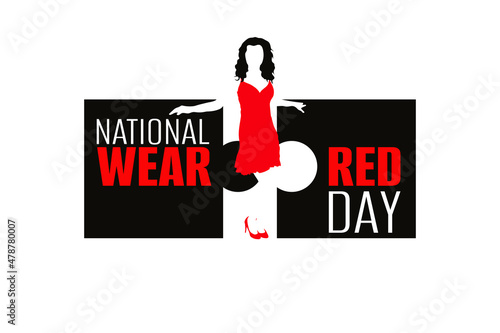 National wear red day. Young girl in red dress with jigsaw puzzle on white background. Poster, banner, placard, flyer concept design. Vector illustration
