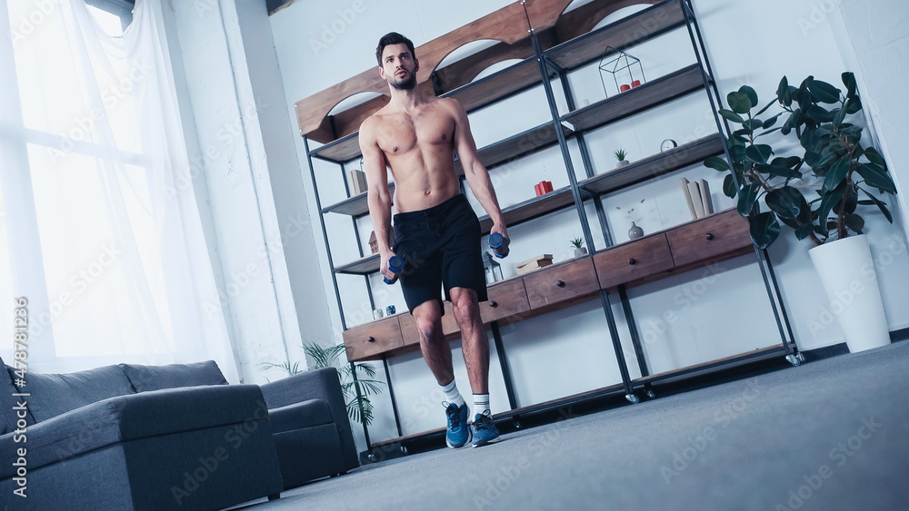 Fototapeta premium shirtless sportsman working out with dumbbells at home