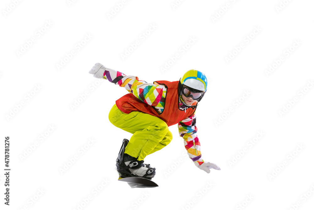 Obraz premium Portrait of young woman in bright sportswear, goggles and helmet snowboarding isolated on white studio background. Concept of winter sports