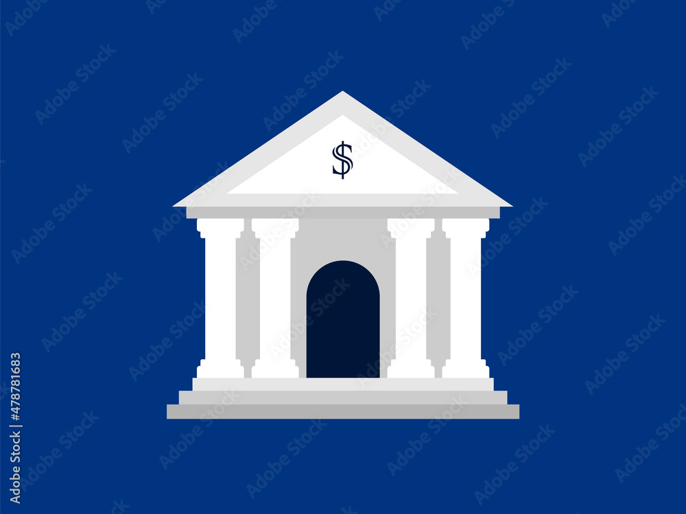 Bank building isolated on blue background. Business and finance concept. White bank building icon with a dollar sign. Ancient greek architecture with columns. Vector illustration, flat, clip art. Bank building isolated on blue background. Business and finance concept. White bank building icon with a dollar sign. Ancient greek architecture with columns. Vector illustration, flat, clip art.