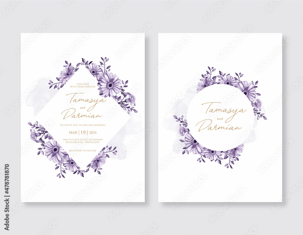 Beautiful wedding invitation with purple watercolor floral