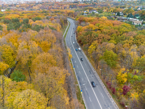 Aerial fly above traffic on scenic road curve in autumnal yellow forest. Fly above cars driving street in autumn city park. Treetop view on Kharkiv, Ukraine
