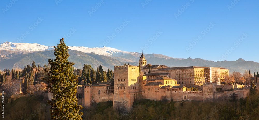 Alhambra,  Granada in Spain with Sierra Nevada