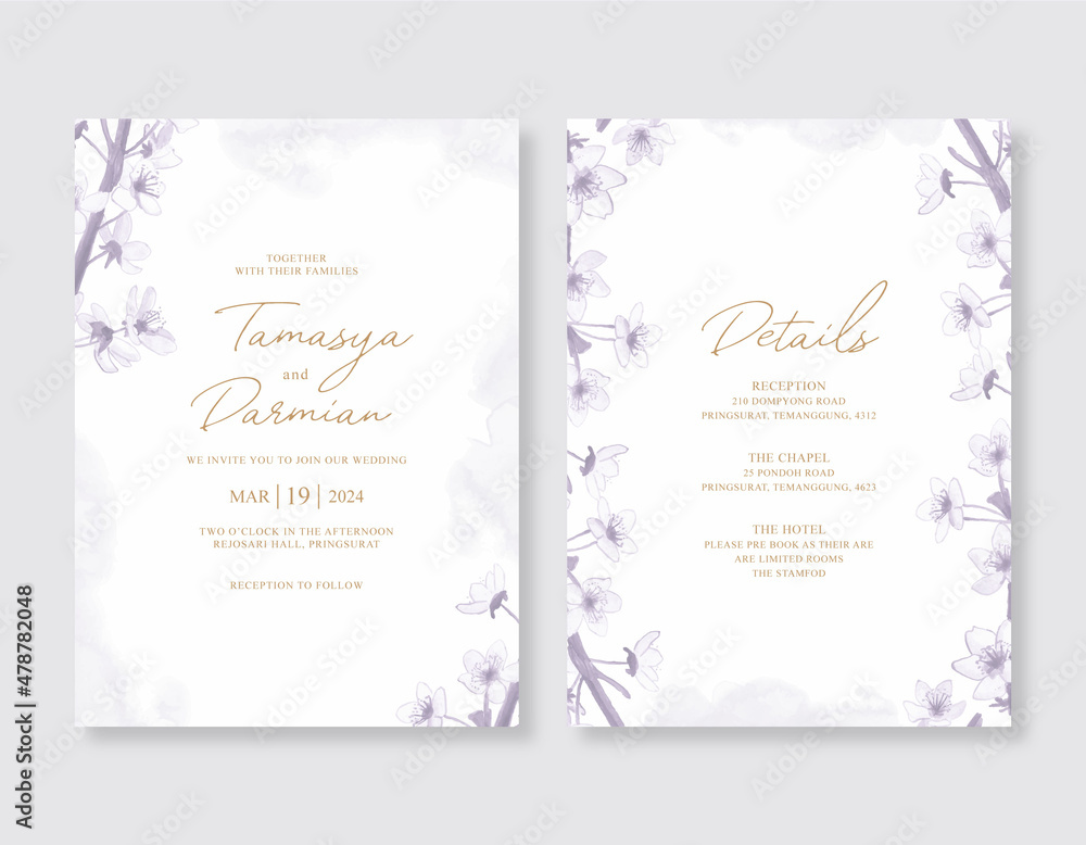 Wedding invitation with floral purple watercolor