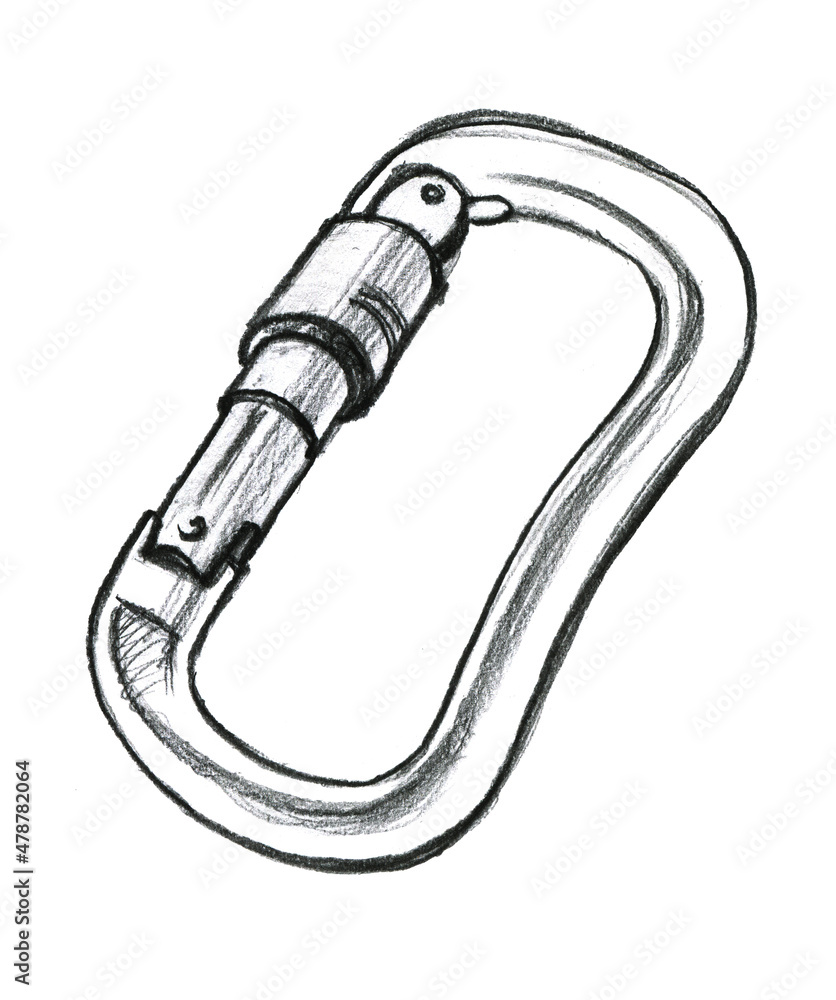 Hook carabiner which is used for fastening of a belt to a backpack or other products. Metallic product for the clothing industry. Pencil drawing isolated on white background.