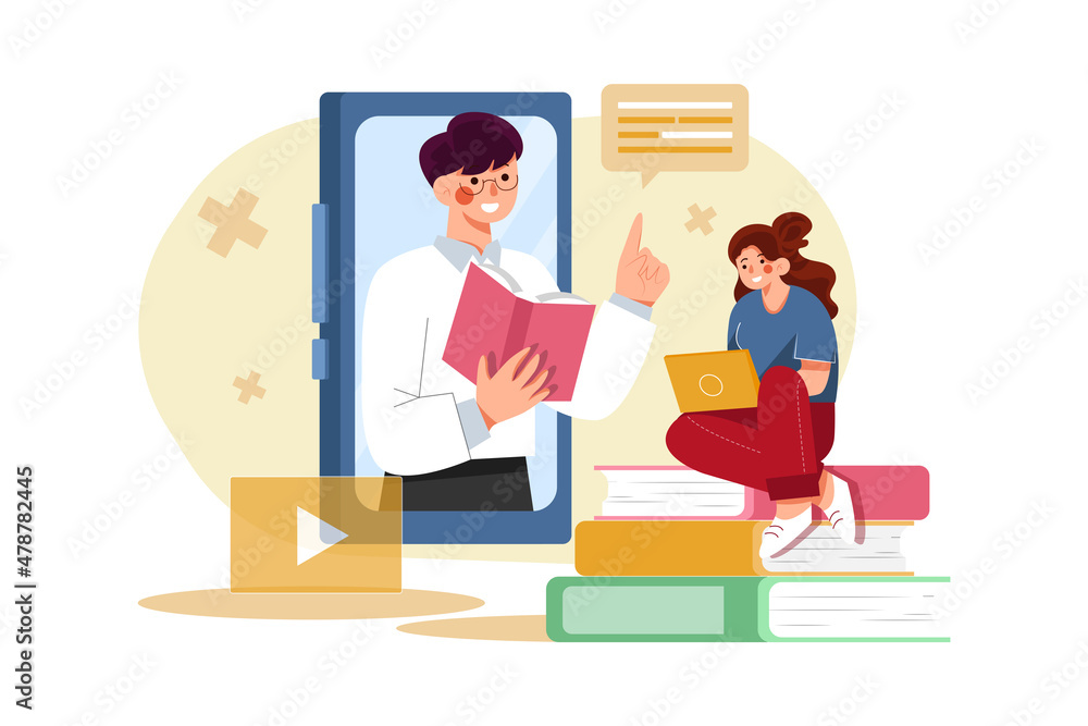 Student woman on top of phone and teacher at notebook Student woman on top of phone and teacher at notebook