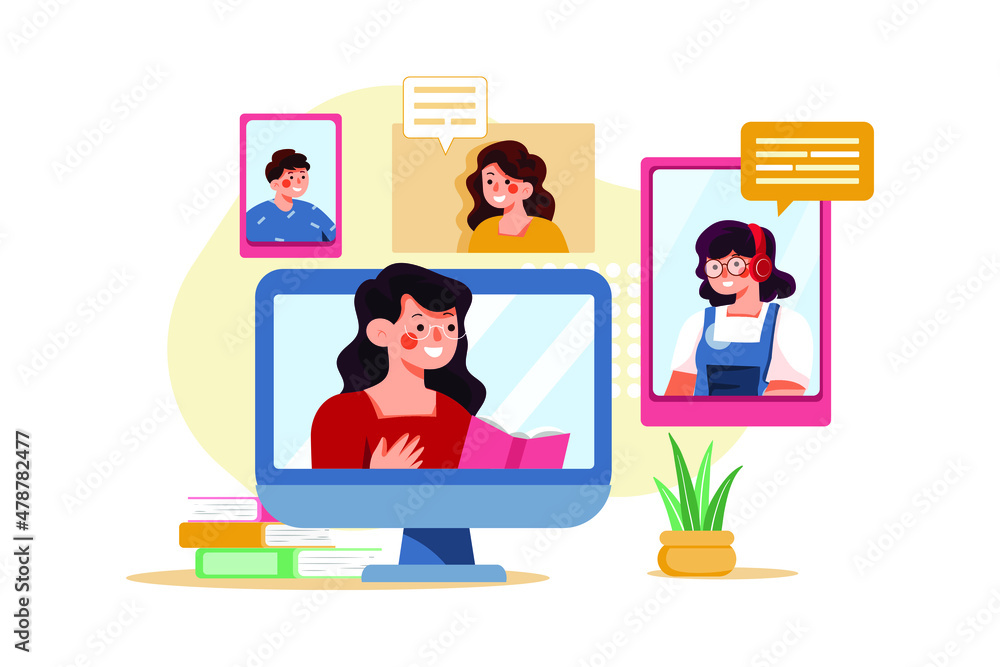 Students learning and discussing with online teacher Students learning and discussing with online teacher