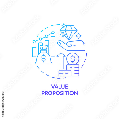 Value proposition blue gradient concept icon. Financial plan. Company budgeting method abstract idea thin line illustration. Isolated outline drawing. Roboto-Medium, Myriad Pro-Bold fonts used © bsd studio