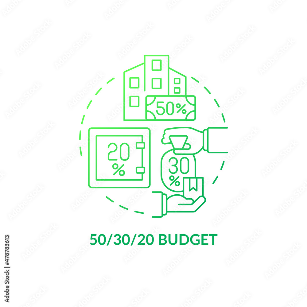 Fifty thirty twenty rule budget green gradient concept icon. Financial planning abstract idea thin line illustration. Isolated outline drawing. Roboto-Medium, Myriad Pro-Bold fonts used Fifty thirty twenty rule budget green gradient concept icon. Financial planning abstract idea thin line illustration. Isolated outline drawing. Roboto-Medium, Myriad Pro-Bold fonts used