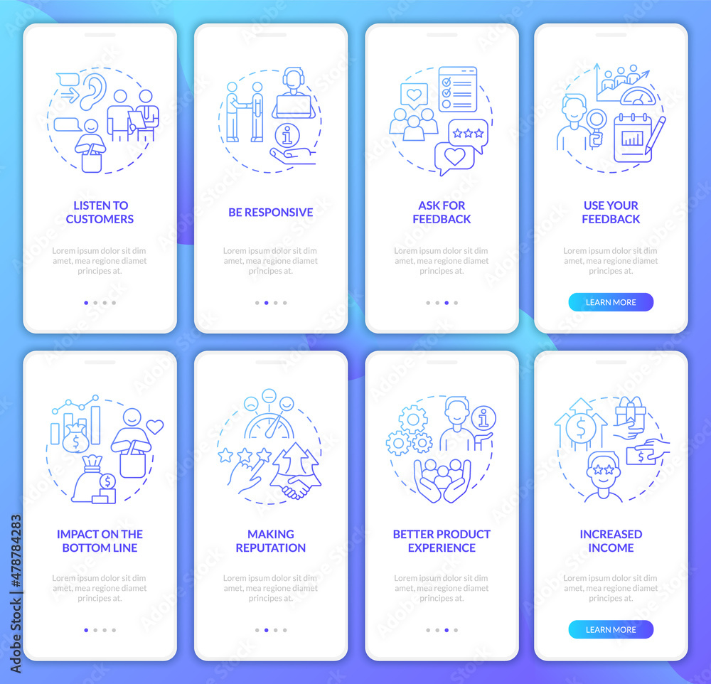 Good customer support blue gradient onboarding mobile app screen set. Walkthrough 5 steps graphic instructions pages with linear concepts. UI, UX, GUI template. Myriad Pro-Bold, Regular fonts used Good customer support blue gradient onboarding mobile app screen set. Walkthrough 5 steps graphic instructions pages with linear concepts. UI, UX, GUI template. Myriad Pro-Bold, Regular fonts used