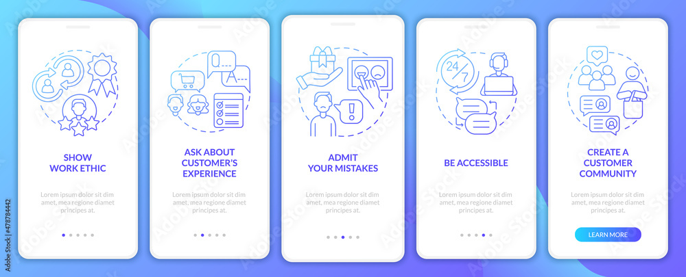 Naklejka premium Customer service tips blue gradient onboarding mobile app screen. Walkthrough 5 steps graphic instructions pages with linear concepts. UI, UX, GUI template. Myriad Pro-Bold, Regular fonts used