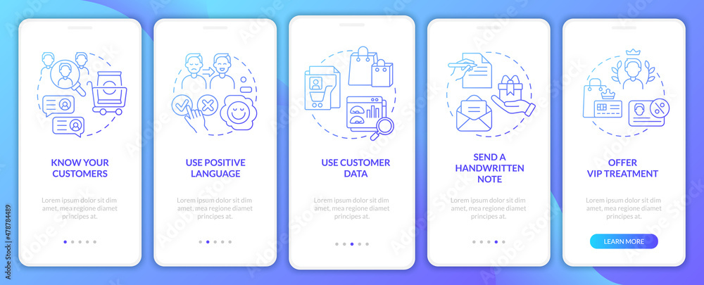 Customer assistance tips blue gradient onboarding mobile app screen. Walkthrough 5 steps graphic instructions pages with linear concepts. UI, UX, GUI template. Myriad Pro-Bold, Regular fonts used